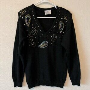 Vintage Grandmacore Cottagecore  Black Padded V-Neck Knit Sweater SZ Medium